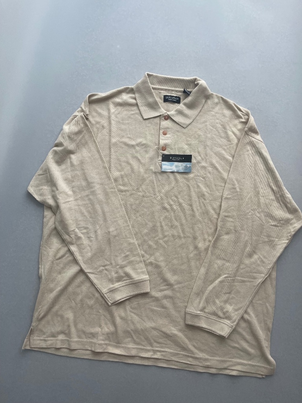 UltraClub Whisper Pique Polo Shirt Men’s XXL Beige Long Sleeve NWT Cotton Blend